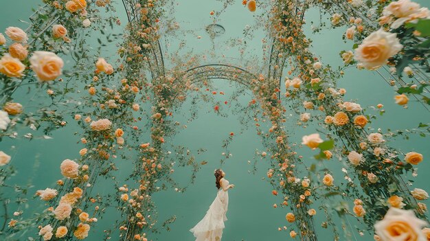 A floral archway made of pastel flowers and leaves set against a lush green background