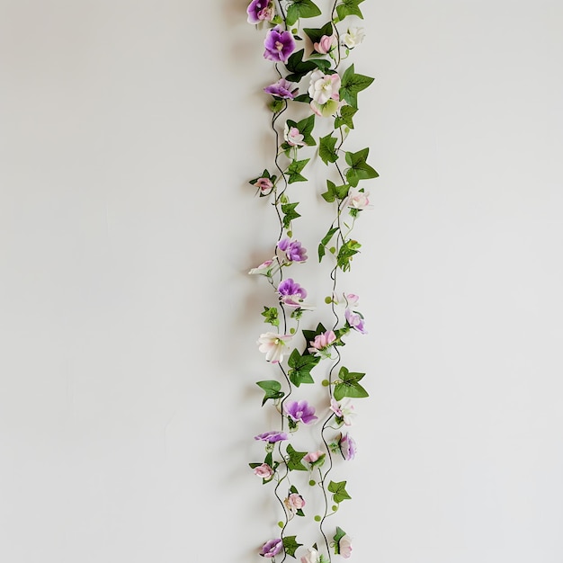 Photo a floral arrangement hangs on a white wall with purple flowers