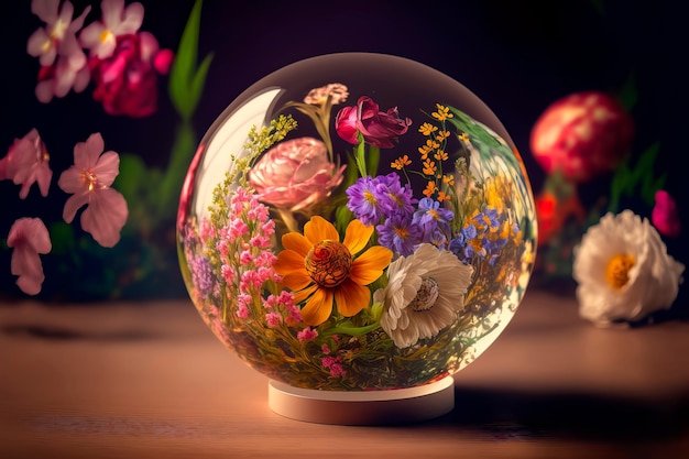 Floral arrangement inside a glass sphere on a floral background Generative AI