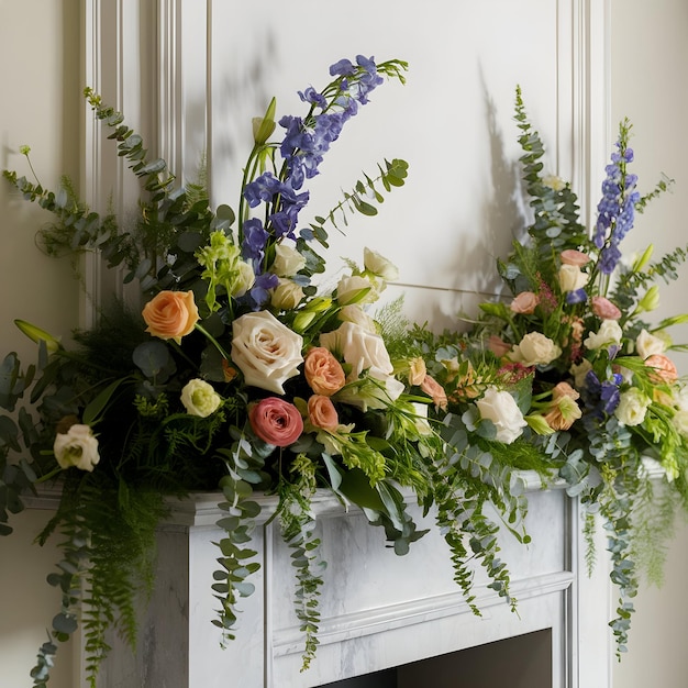 Photo a floral arrangement is on a fireplace mantle with flowers on it