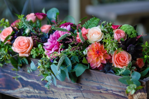 Floral arrangement overflowing with colorful dahlias and roses