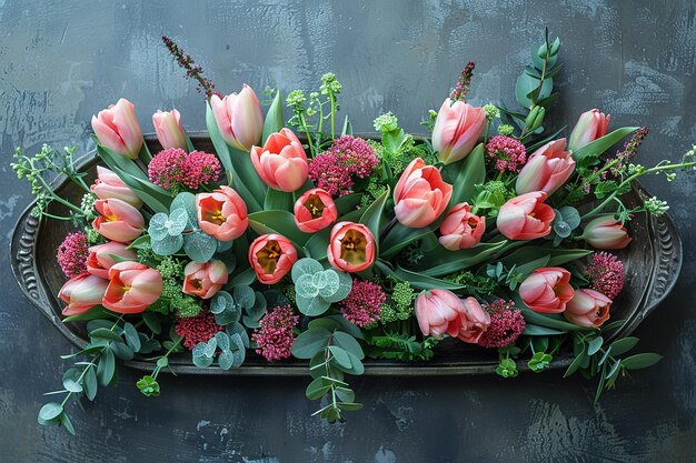 Photo a floral arrangement of pink tulips and green plants sits on a wooden tray