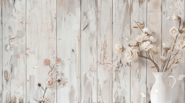 Photo floral arrangement in a rustic white vase against a weathered wooden wall with delicate pastel blooms capturing serene beauty indoors