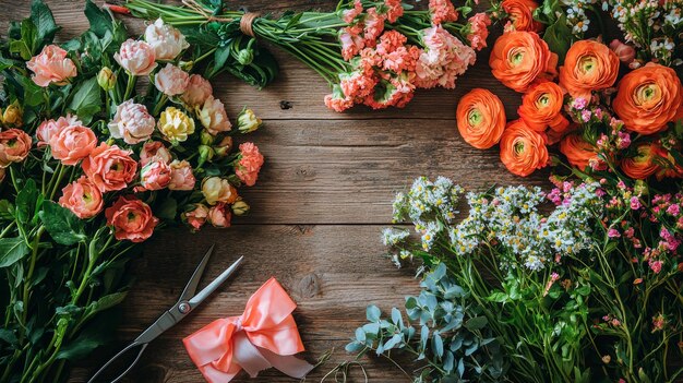 Photo floral arrangement with pink and orange flowers on rustic wood background