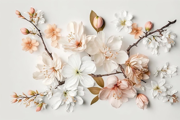 A floral arrangement with white flowers on a white background.