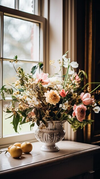 Floral arrangement with winter autumn or early spring botanical plants and flowers