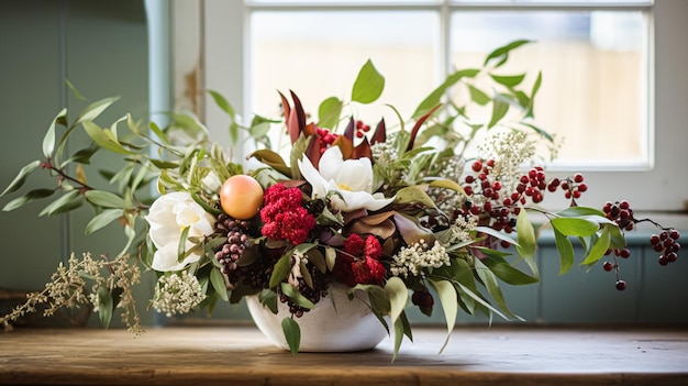 Floral arrangement with winter autumn or early spring botanical plants and flowers