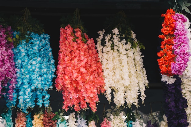 Floral art made of artificial flowers in view