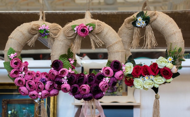 Floral art made of artificial flowers in view