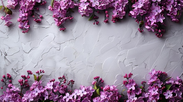 Photo a floral backdrop showcasing lilac flowers arranged on a white grunge wood background offering ample copy space and a view from above perfect for mothers day birthday or easter