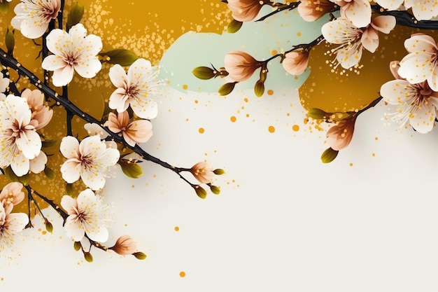 A floral background with a branch of flowers and a gold leaf.