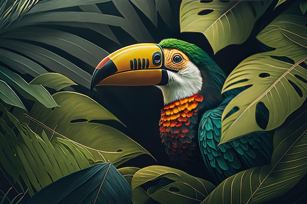 Floral background with tropical trees and toucan. Birds of paradise