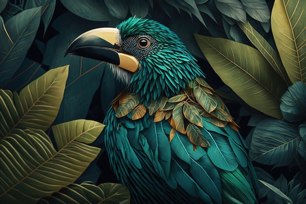 Floral background with tropical trees and toucan. Birds of paradise