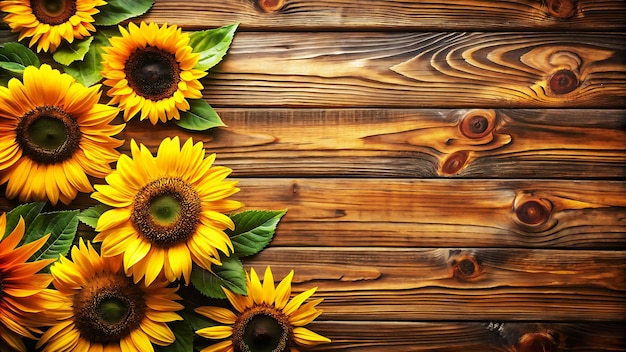 Floral Background with Vibrant Sunflowers Against a Rustic Wooden Backdrop for Nature Themes