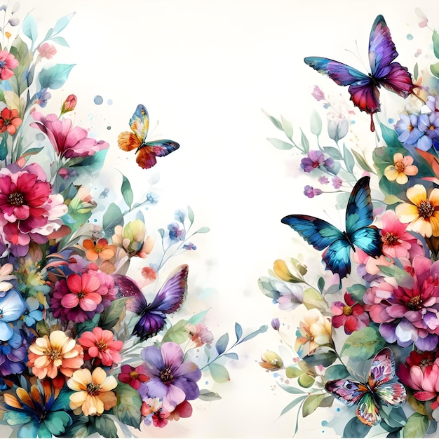 Floral background with watercolor flowers and butterflies Vector illustration