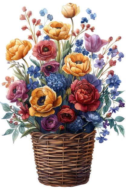 A floral basket of blossom tulips roses ranunculus and decorative flowers Cyber YellowBlackened Pear