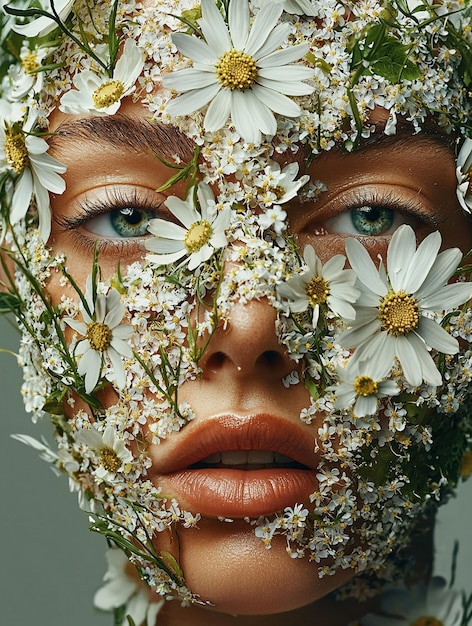 Photo floral beauty ethereal portrait with natural elements and fresh flowers