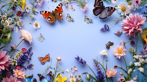 Photo floral border on blue background with blank space in the center and butterflies fluttering around