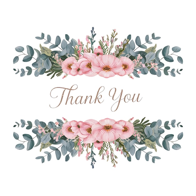 Photo floral border card template with watercolor pink flowers wildflowers green leaves branches and eucalyptus hand painted isolated illustrations on a white background thank you card design