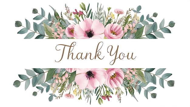 Photo floral border card template with watercolor pink flowers wildflowers green leaves branches and eucalyptus hand painted isolated illustrations on a white background thank you card design