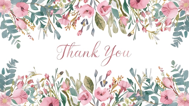 Photo floral border card template with watercolor pink flowers wildflowers green leaves branches and eucalyptus hand painted isolated illustrations on a white background thank you card design