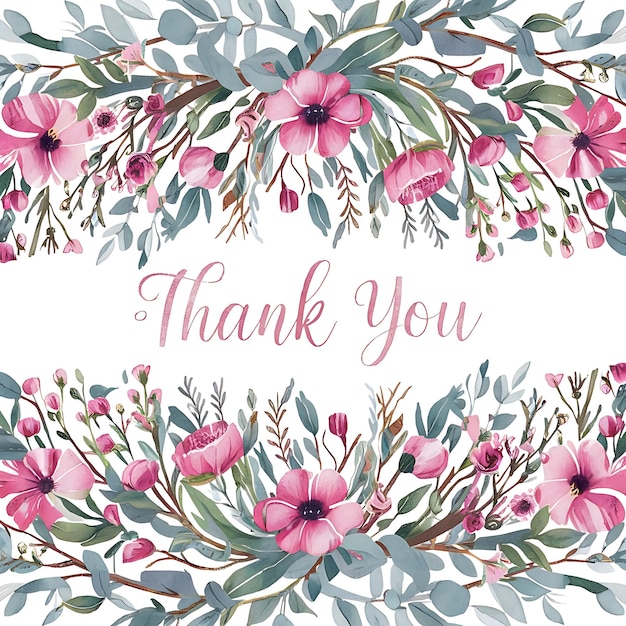 Floral border card template with watercolor pink flowers wildflowers green leaves branches and eucalyptus hand painted isolated illustrations on a white background Thank you card design