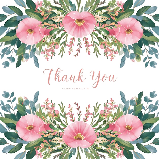 Floral border card template with watercolor pink flowers wildflowers green leaves branches and eucalyptus hand painted isolated illustrations on a white background Thank you card design