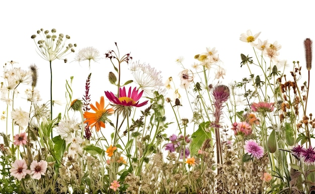 Floral border of wild meadow flowers isolated on white background with copy space