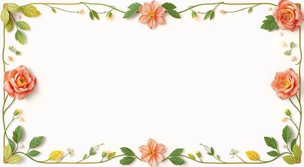 Floral border with delicate peach flowers green leaves and a golden vine on a white background