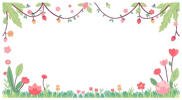 Photo floral border with pink flowers and butterflies on white background