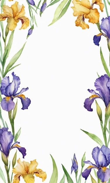 Photo a floral border with purple irises and green leaves