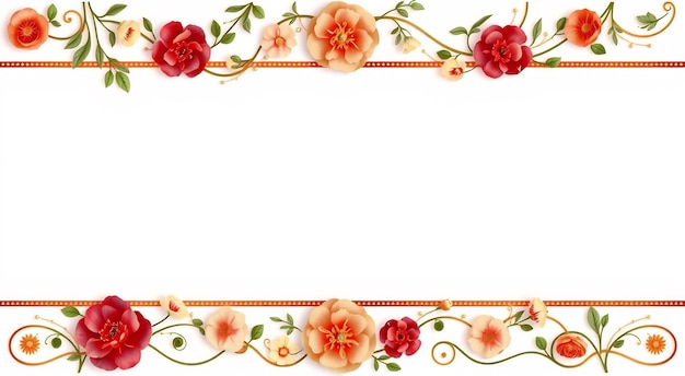 Photo floral border with red and peach flowers and a ribbon