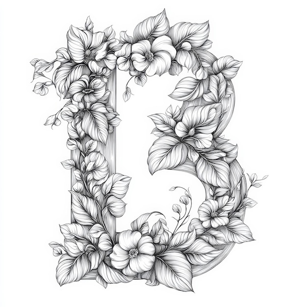 Photo floral capital letter b in engraving style with flowers and leaves