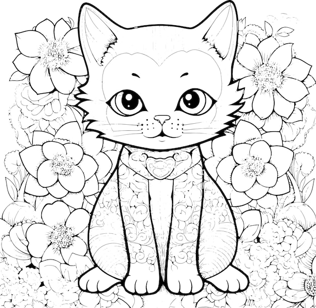 Floral Cat Coloring Page