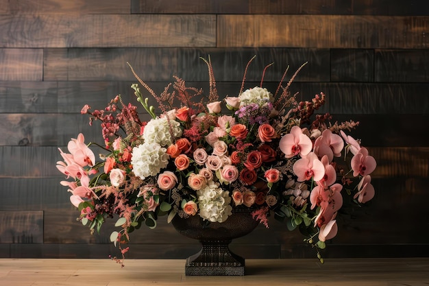 Photo floral centerpiece a lavish floral centerpiece overflowing with roses hydrangeas and orchids adorning a wedding reception table