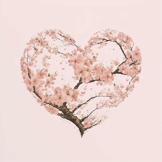 Floral cherry blossom heart on pink Spring love nature concept