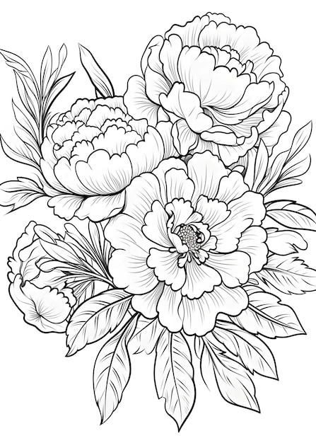 Floral Coloring Page Bunch of flowers with leaves Coloring Page Hand drawn Floral outline coloring page Floral line art for coloring page AI Generative