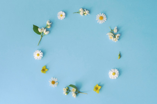 Floral composition in the form of a wreath of flowers on a blue background Spring or summer layout of flowers with a copy of the space