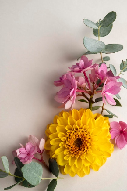 Floral composition greeting card mockup Pink and yellow flowers with copy space Hydrangea dahlias and eucalyptus