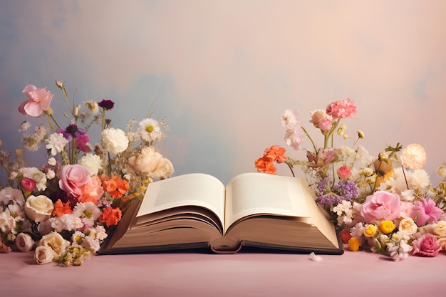 Floral composition with open book copy space