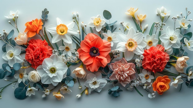 Floral composition with white daffodils and carnations