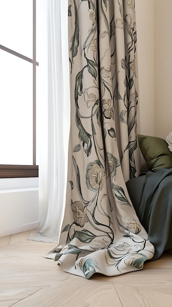 Floral Curtain Draped on Hardwood Floor with Natural Light