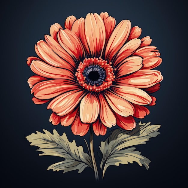 Floral Design Gerbera Illustration in Flat Style with Dark Shades