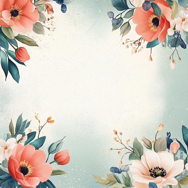 a floral design with flowers and leaves and a blue background