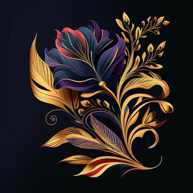 A floral design with gold and purple leaves and flowers.