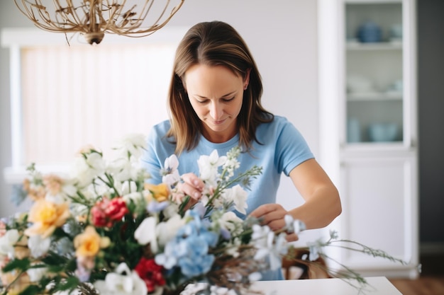 Photo floral designer creating a bouquet for a wedding table