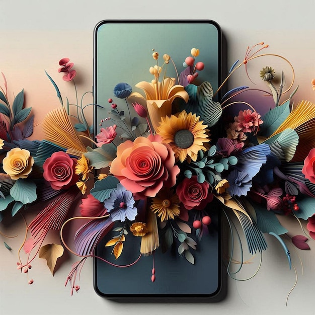 a floral display of flowers and a phone with a picture of flowers