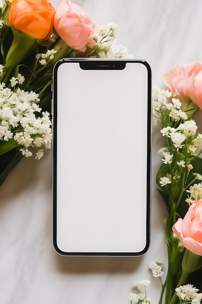 Photo floral elegance iphone mockup with white screen and beautiful flower arrangements