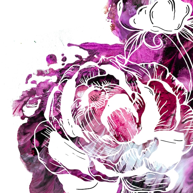 Floral elements romantic natural graphic drawn peony flowers with watercolor textures