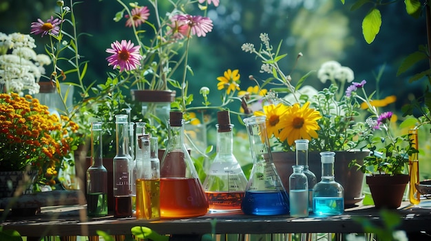 Floral Elixir A Collection of Glass Bottles Filled with Colored Liquids and Surrounded by Vibrant Flowers